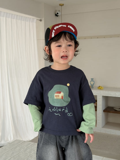 アイランドプリントフェイクレイヤードtシャツ