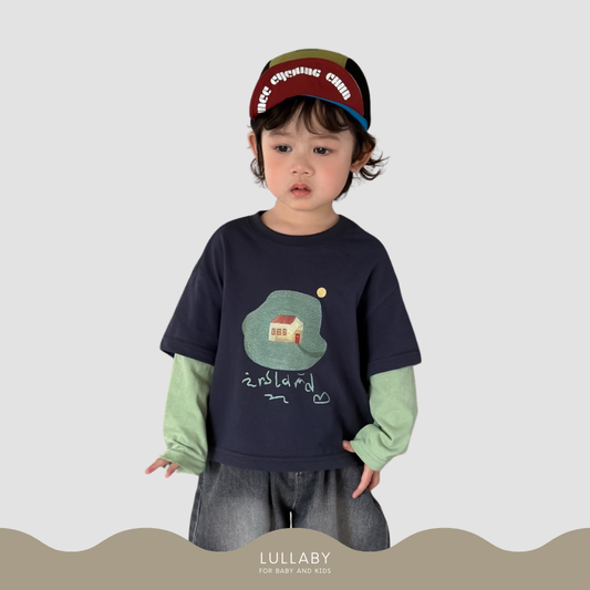 アイランドプリントフェイクレイヤードtシャツ